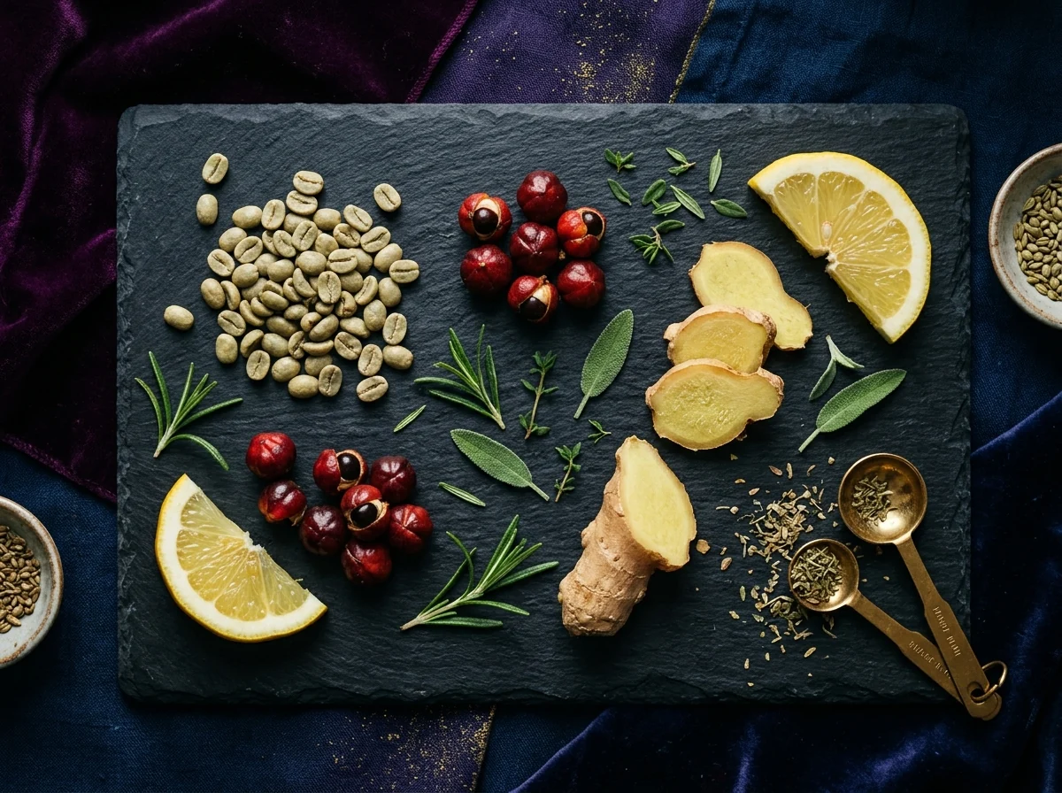 Green coffee beans and guarana berries flat lay - natural metabolism booster Australia ingredients