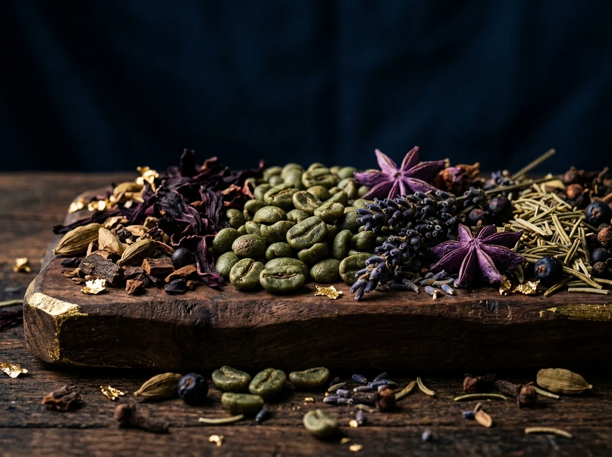Dried botanical herbs and green coffee beans macro - guarana and ginger supplement ingredients